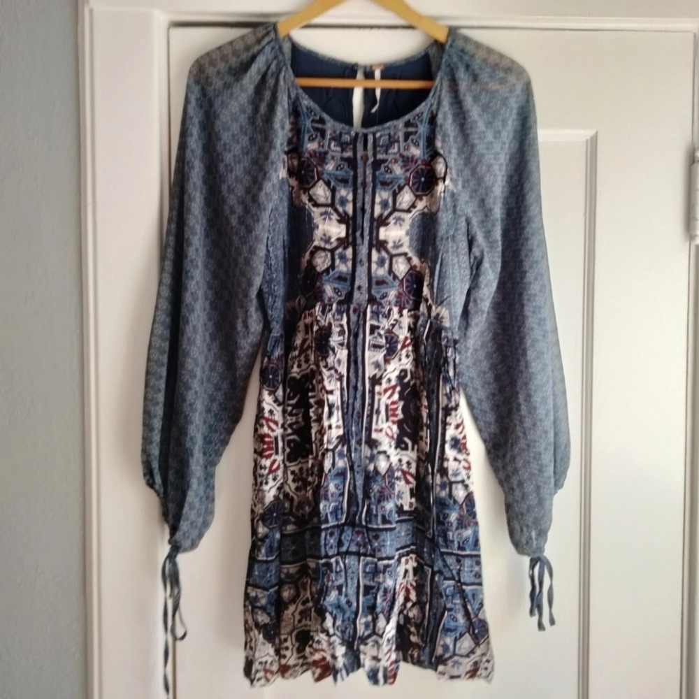 Free People NWT Marine Blue OKSANA Long Sleeve Mini Dress Size 6 Boho Peasant - Picture 2 of 15